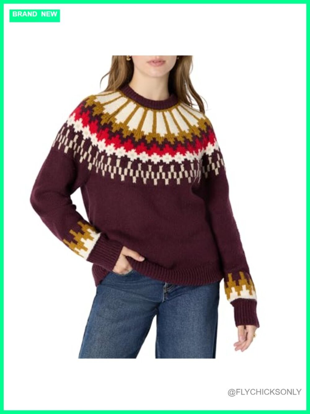 Oversized Fair Isle Crewneck Sweater Cotton-Blend Raglan
